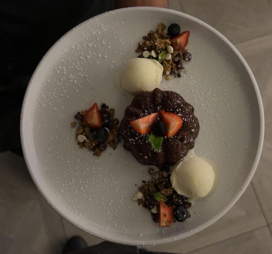Elegant dessert presentation at night